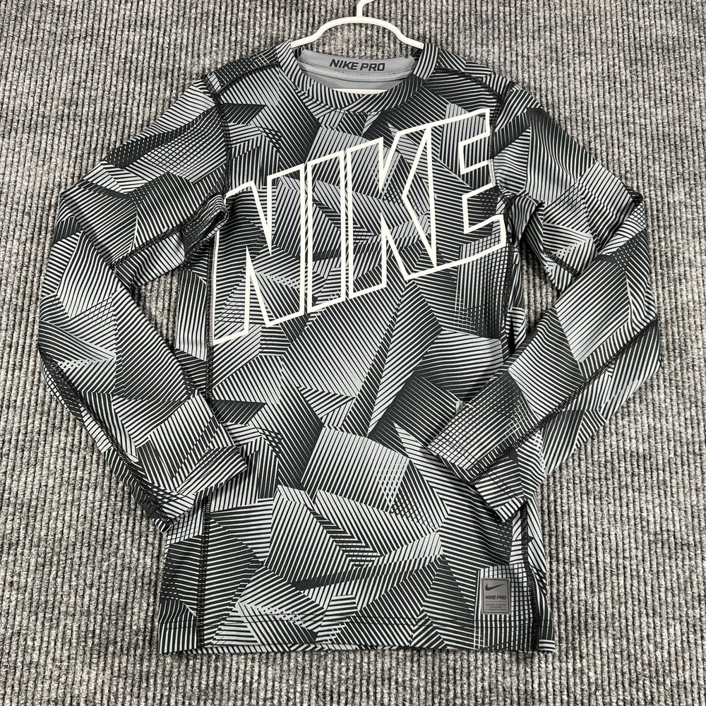 Nike Pro Shirt Youth Boys XL Extra Large Black Geometric Long Sleeve Compression - Picture 3 of 14
